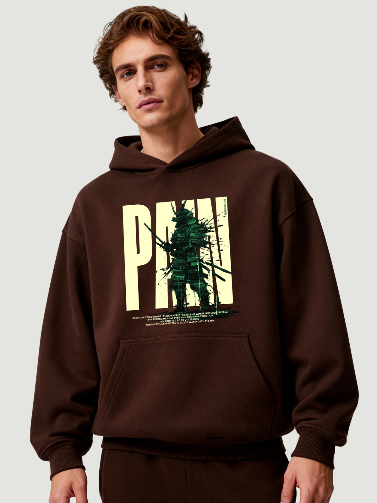 Pain hoodie in espresso brown with samurai design