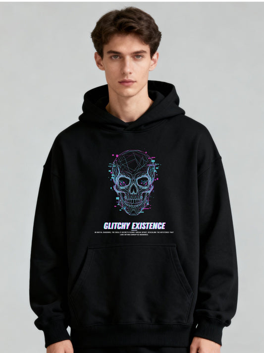 Glitchy Skull Hoodie – Jet Black / Neon Blue