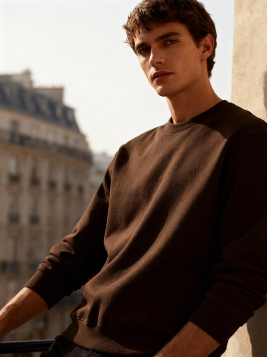 Man wearing a brown sweater with black sleeves against an urban background