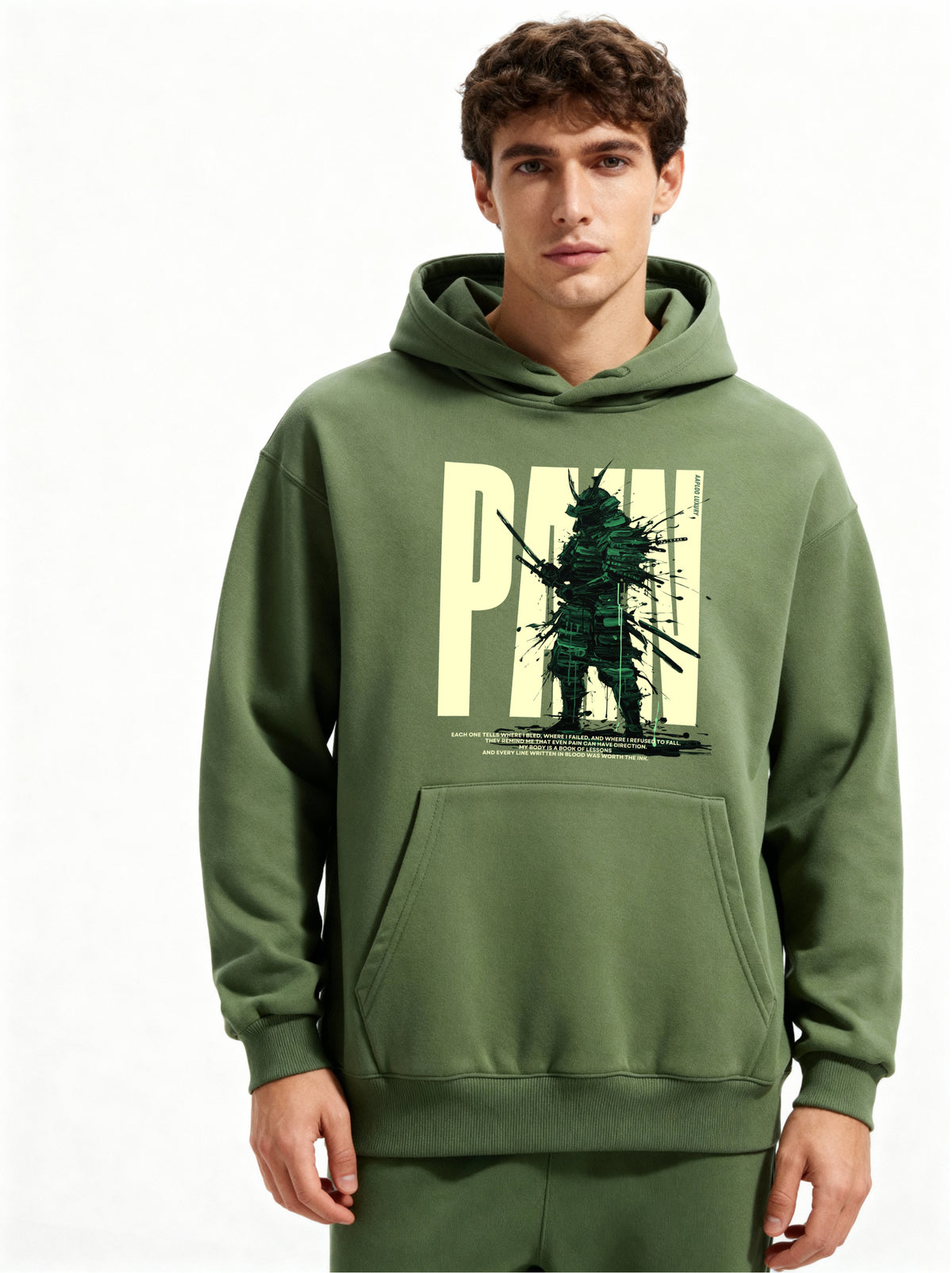 Pain hoodie in olive green with samurai design