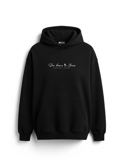 She Blooms in Chaos Hoodie – Black | Aaploo Luxury