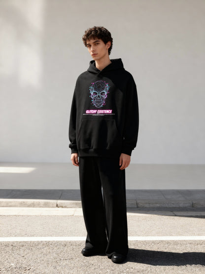 Glitchy Skull Hoodie – Jet Black / Neon Blue
