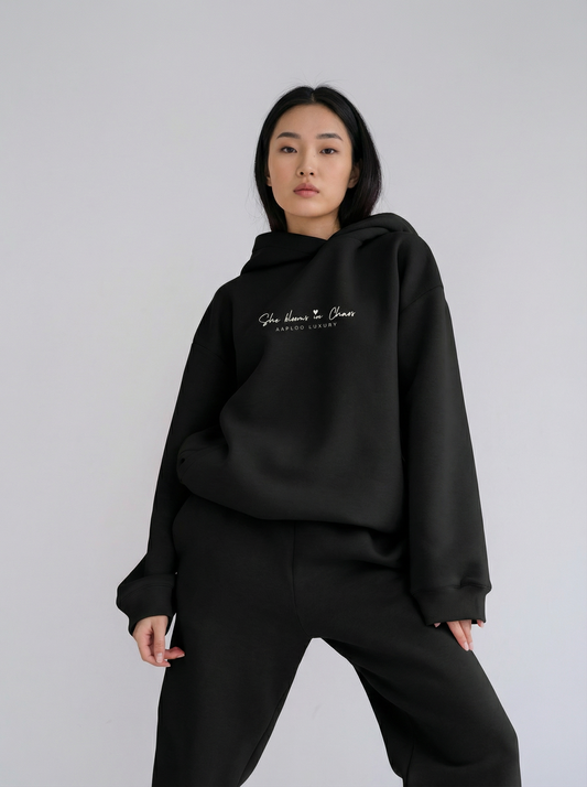 She Blooms in Chaos Hoodie – Black | Aaploo Luxury