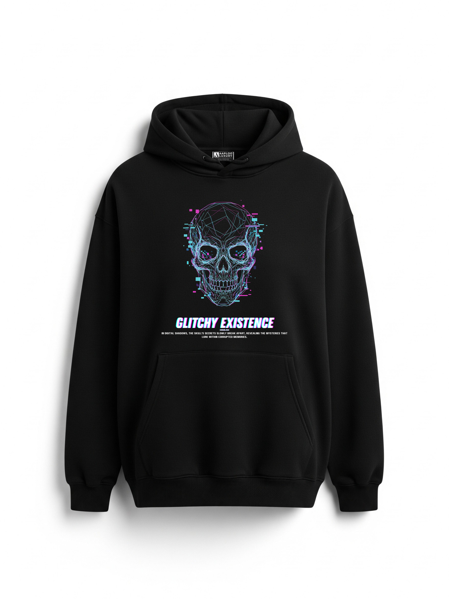 Glitchy Skull Hoodie – Jet Black / Neon Blue