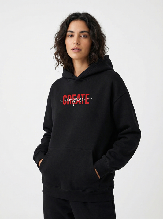 Create / Inspire Black Hoodie – 350 GSM Premium Women's Cotton | Oversized Fit
