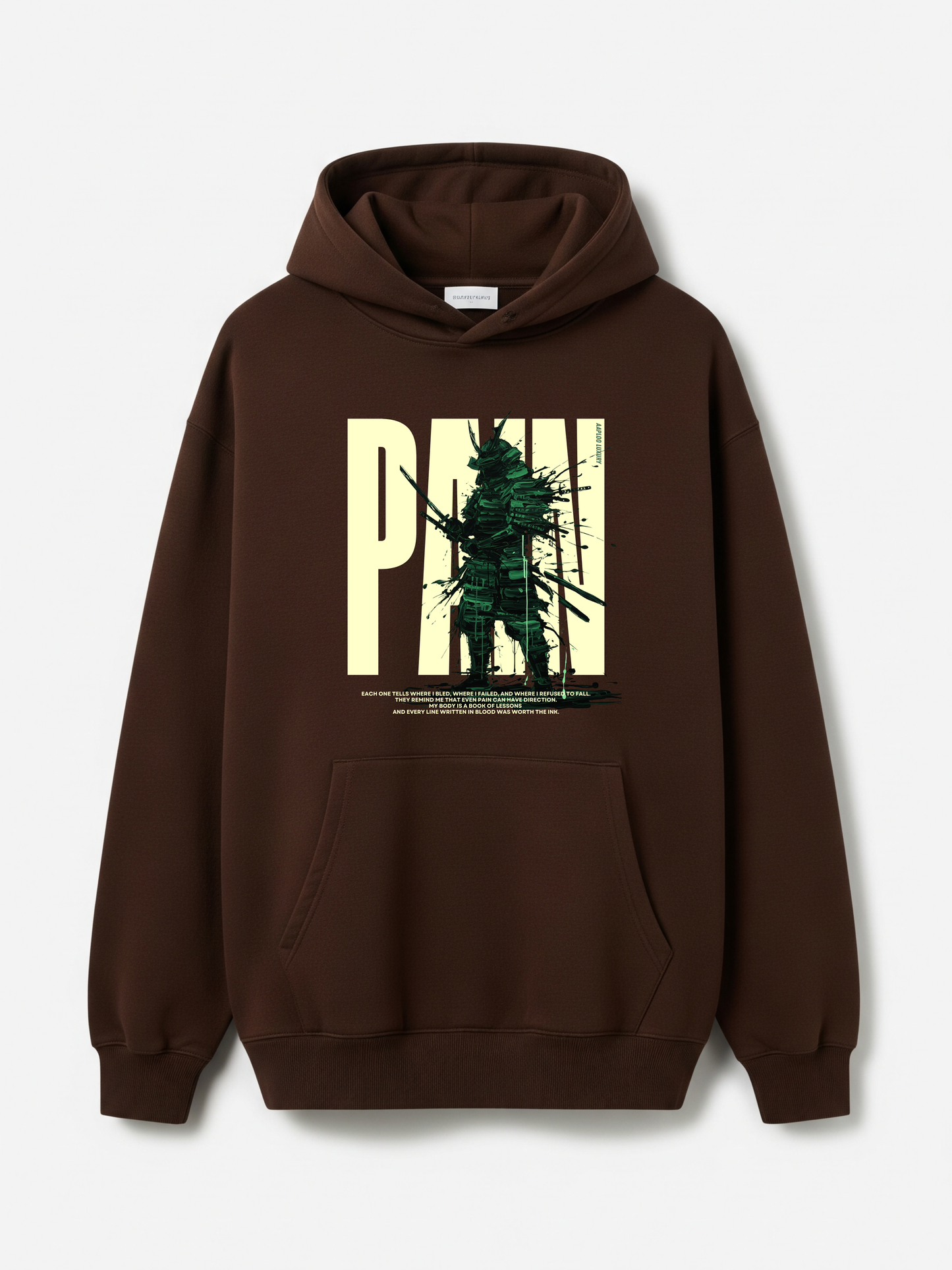 Brown hoodie with graphic design on a white background