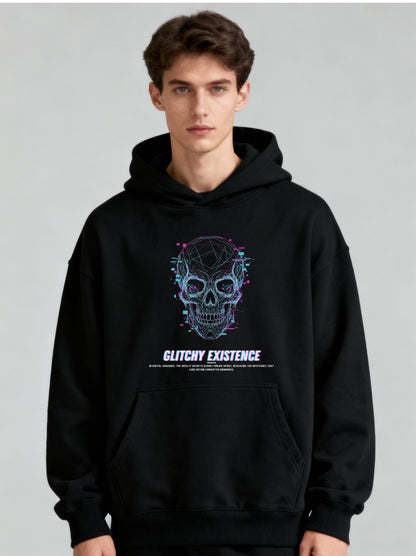 Glitchy Skull Hoodie – Jet Black / Neon Blue