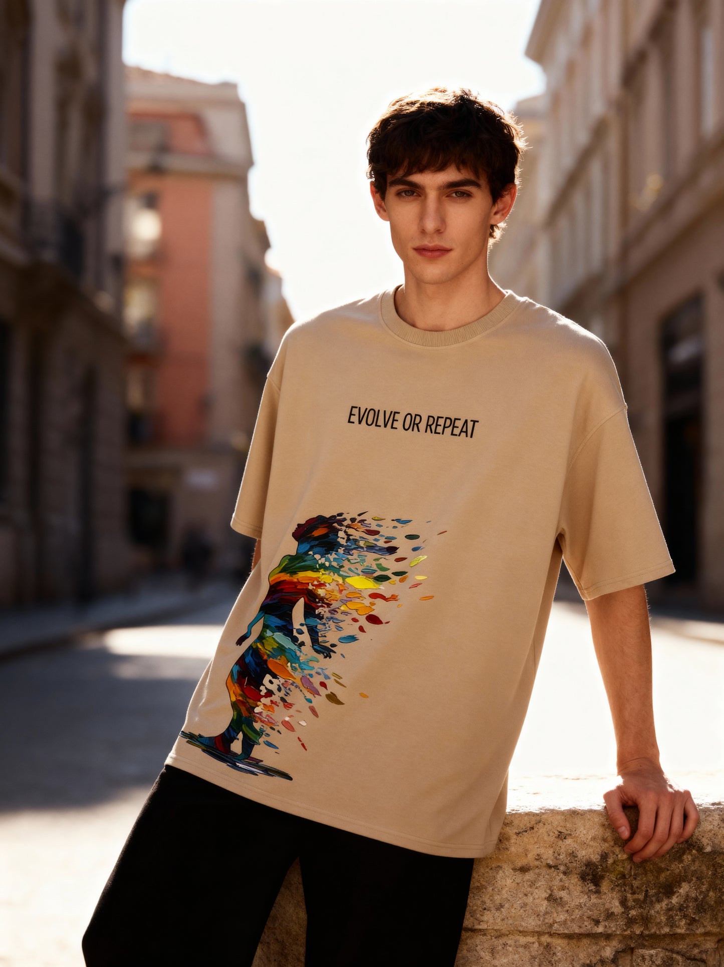 Person wearing a beige t-shirt with a colorful graphic and text 'Evolve or Repeat' in an urban setting.