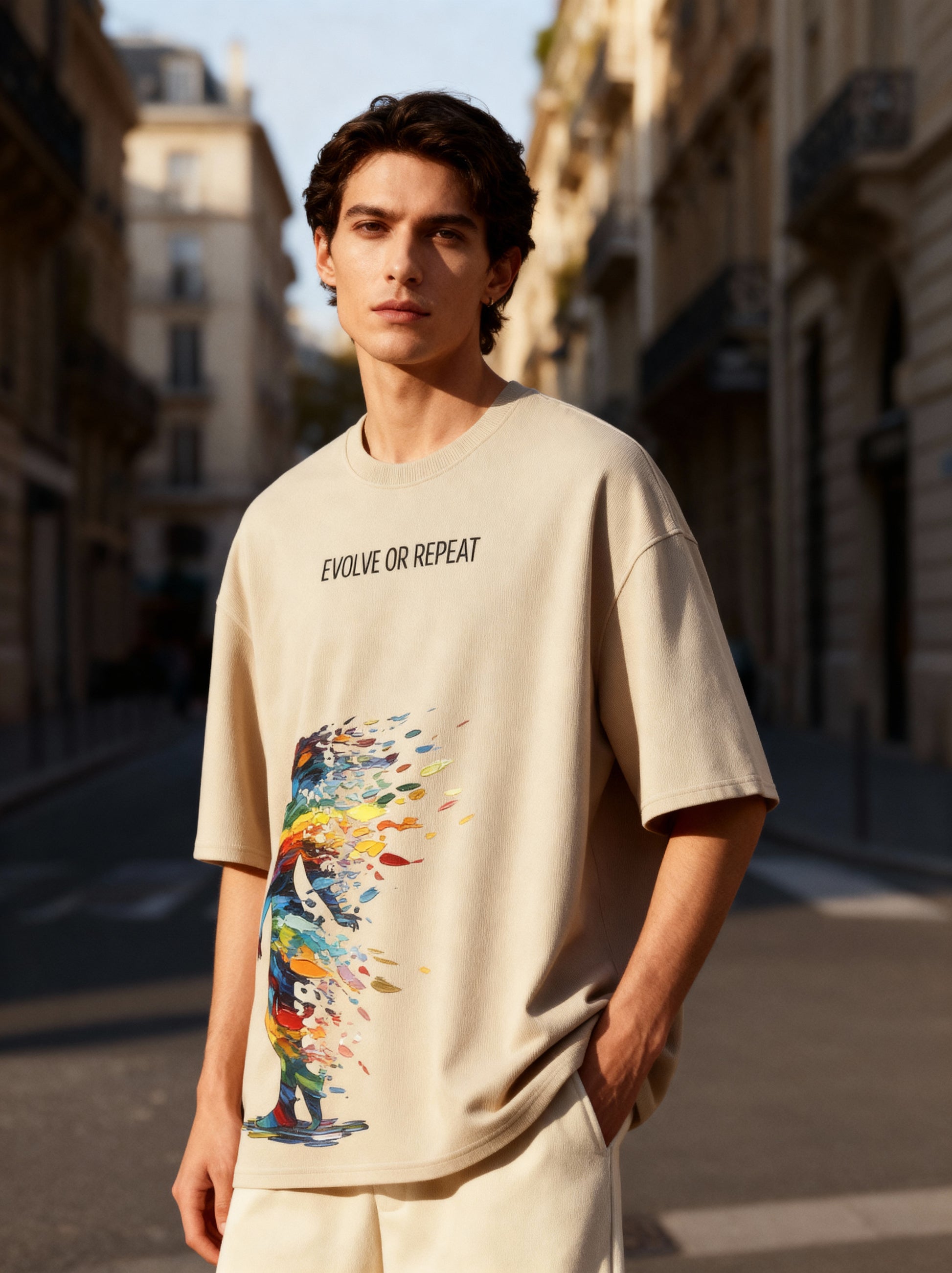 Man wearing a beige t-shirt with a colorful graphic and text on a city street.
