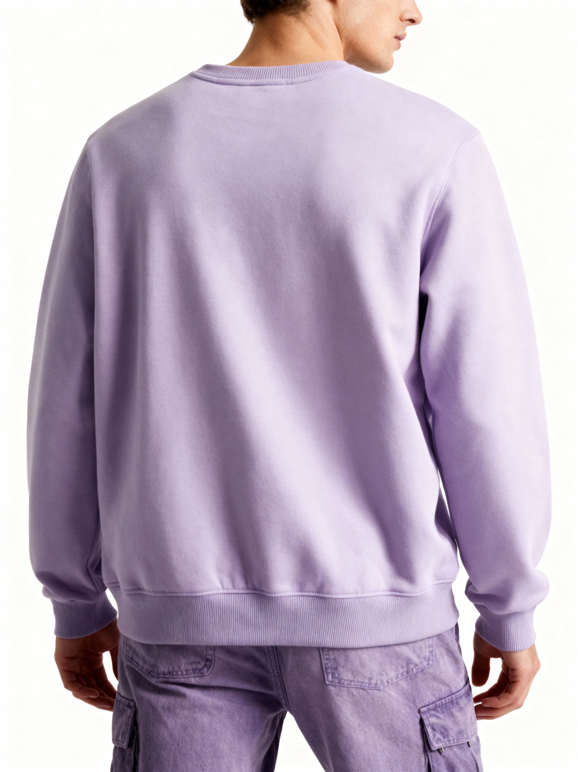 Person wearing a light purple sweatshirt on a white background