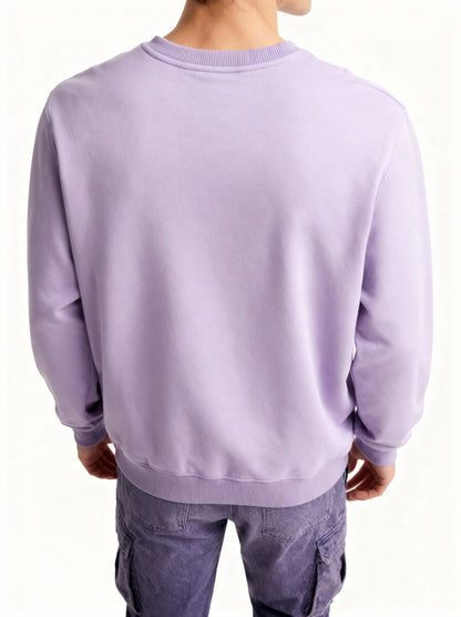 Person wearing a light purple sweatshirt and cargo pants on a white background