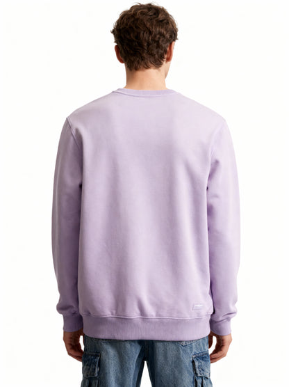 Person wearing a light purple sweatshirt on a white background