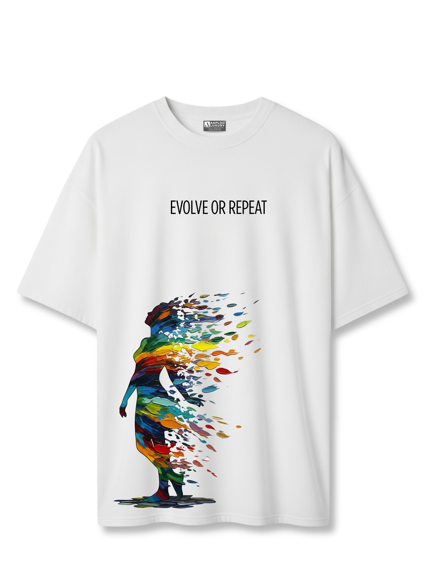 White t-shirt with colorful graphic and 'Evolve or Repeat' text on a white background