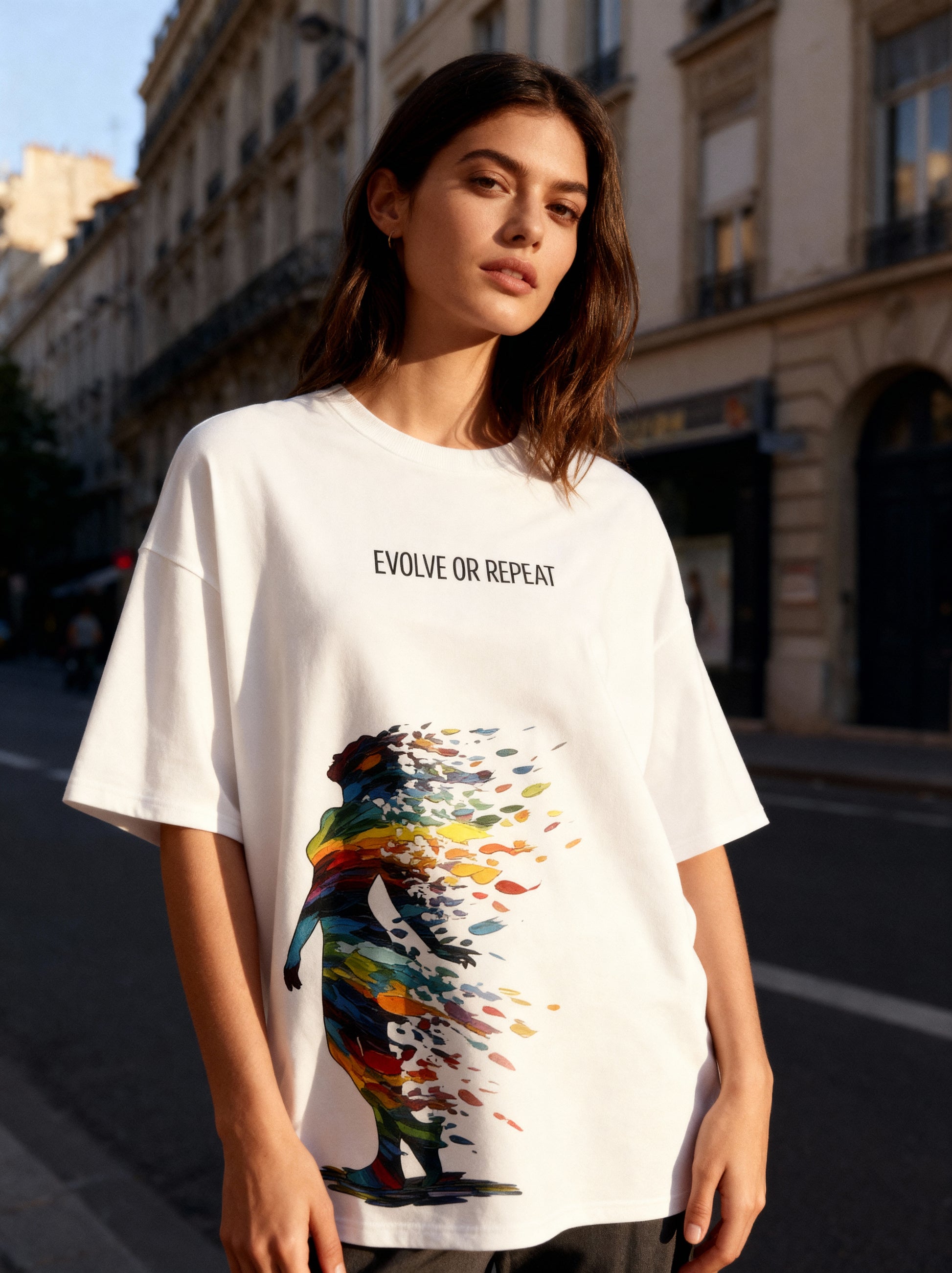 Person wearing a white t-shirt with a colorful graphic and 'Evolve or Repeat' text on a city street.