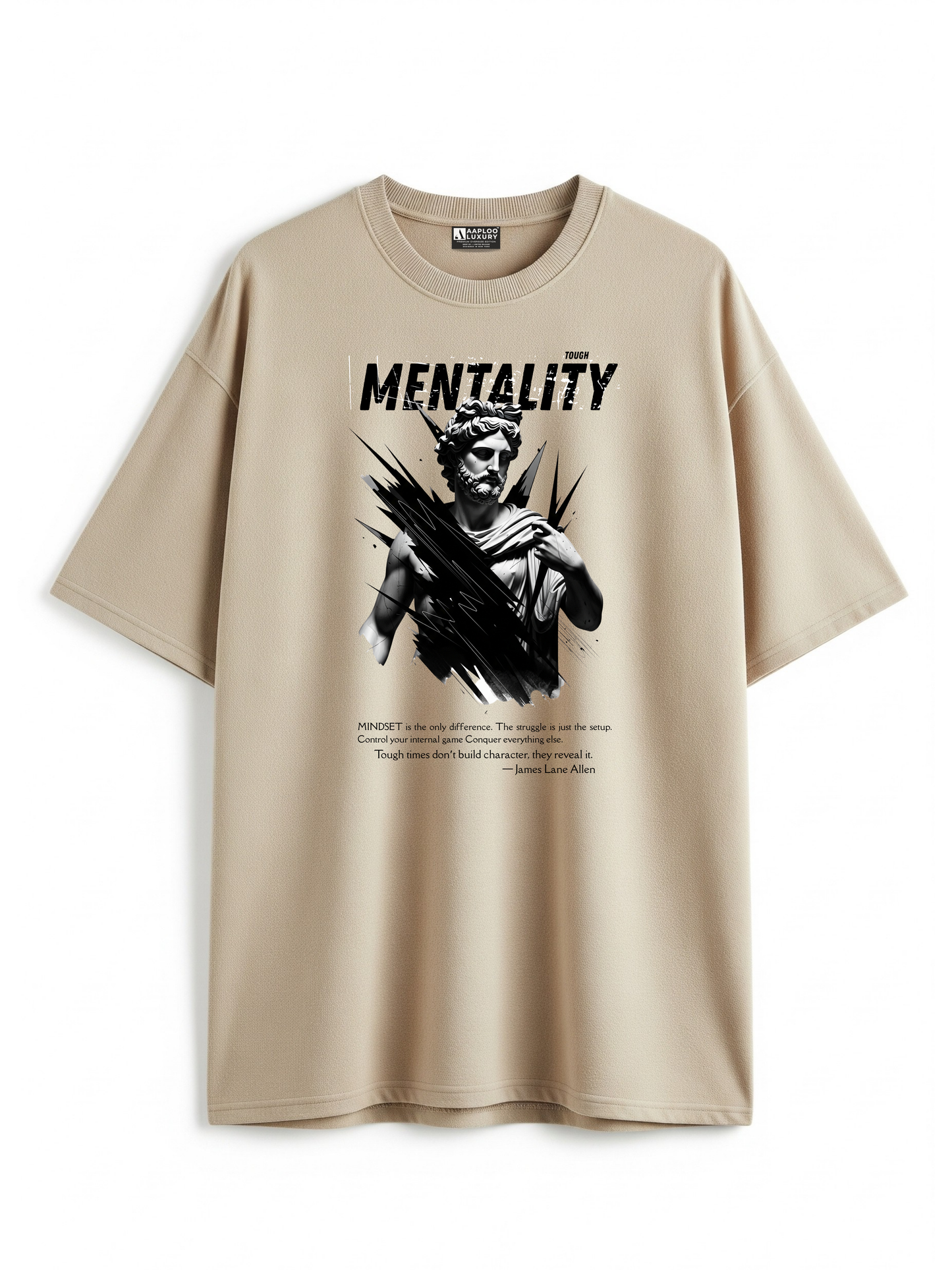 Beige t-shirt with graphic design and text on a white background