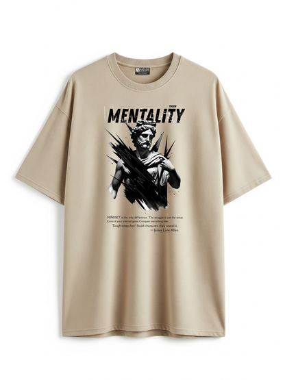 Beige t-shirt with graphic design and text on a white background