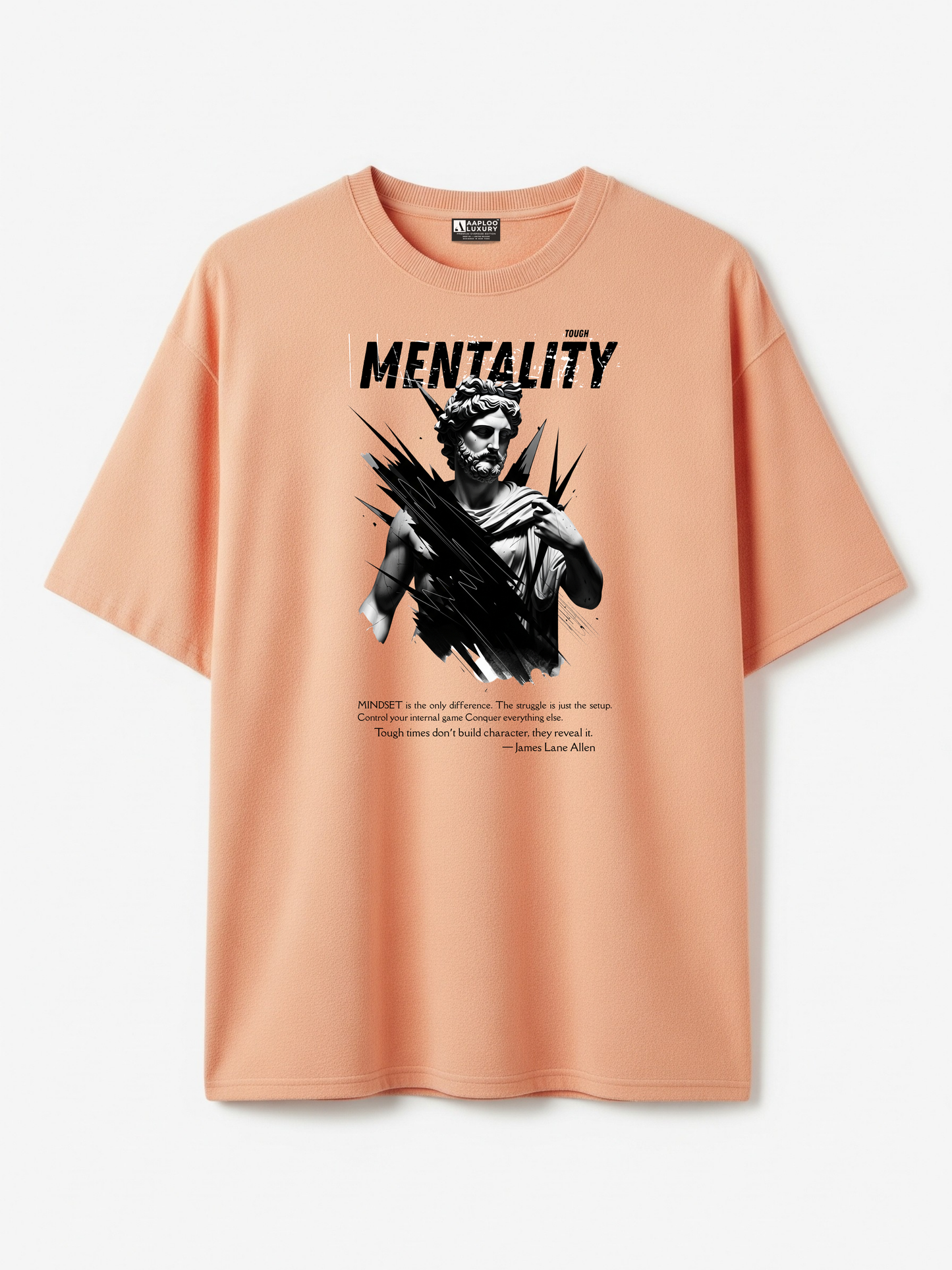 Peach t-shirt with graphic design and text on a white background