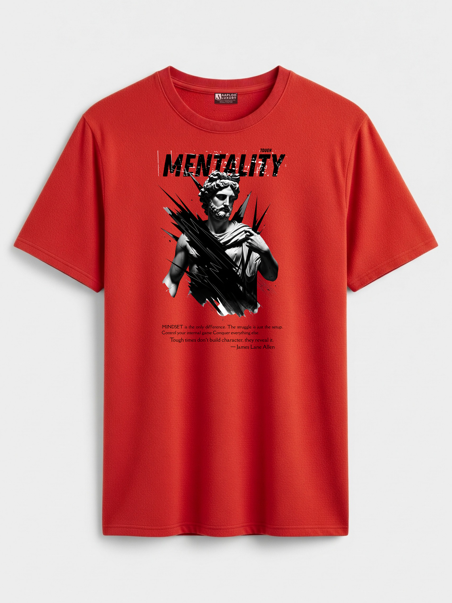 Red t-shirt with graphic design and text on a white background