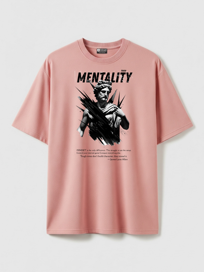 Pink t-shirt with graphic design and text on a light gray background