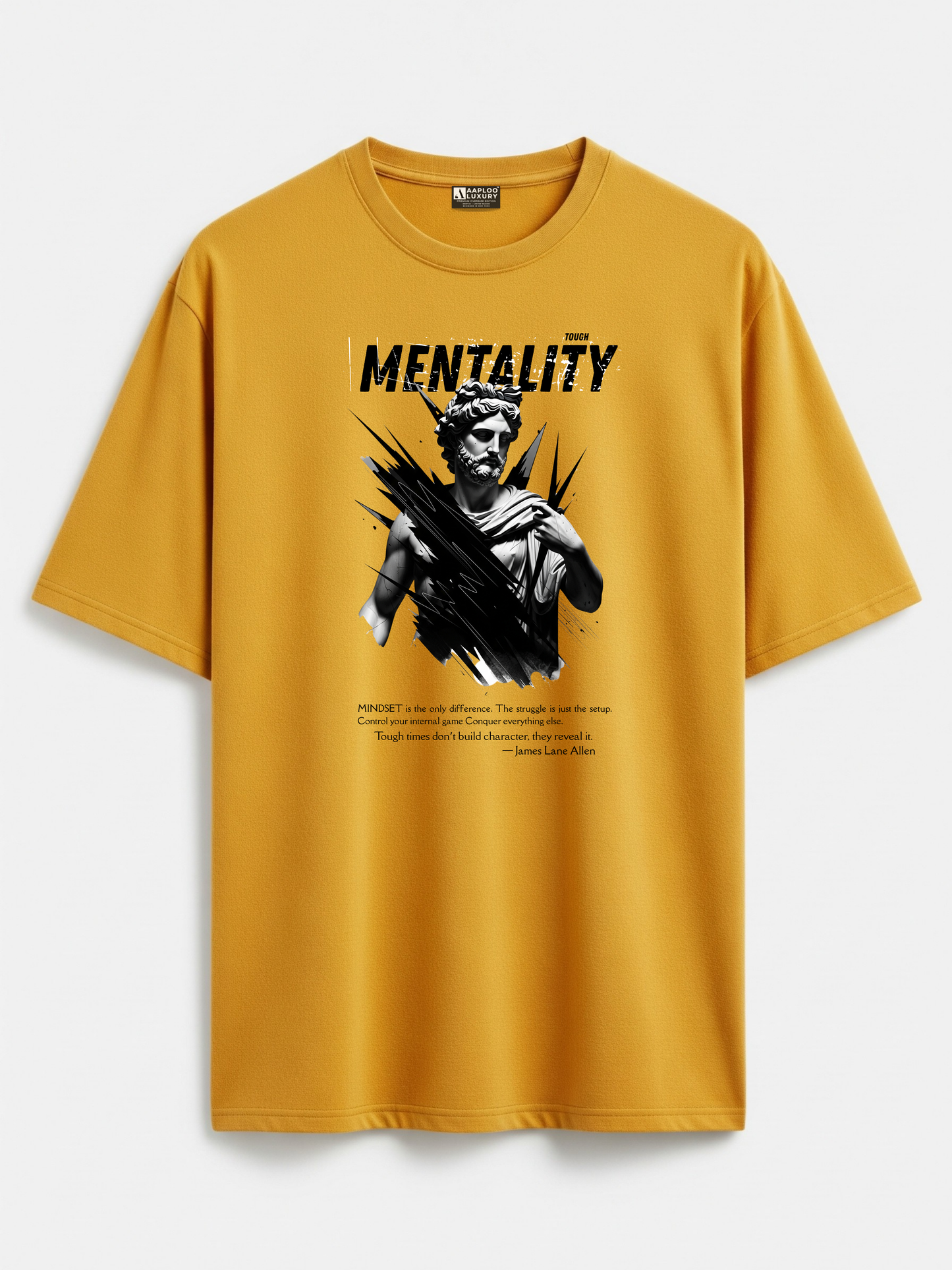 Yellow t-shirt with graphic design and text on a white background