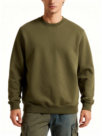 Person wearing an olive green sweatshirt on a white background