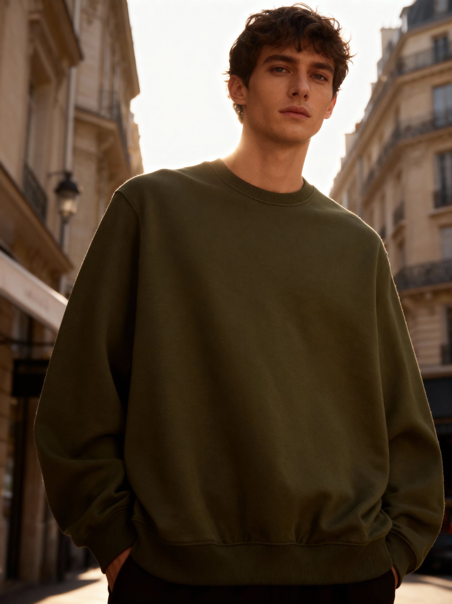Man wearing a green sweatshirt standing on a city street with buildings in the background