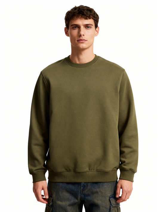 Man wearing a green sweatshirt on a white background