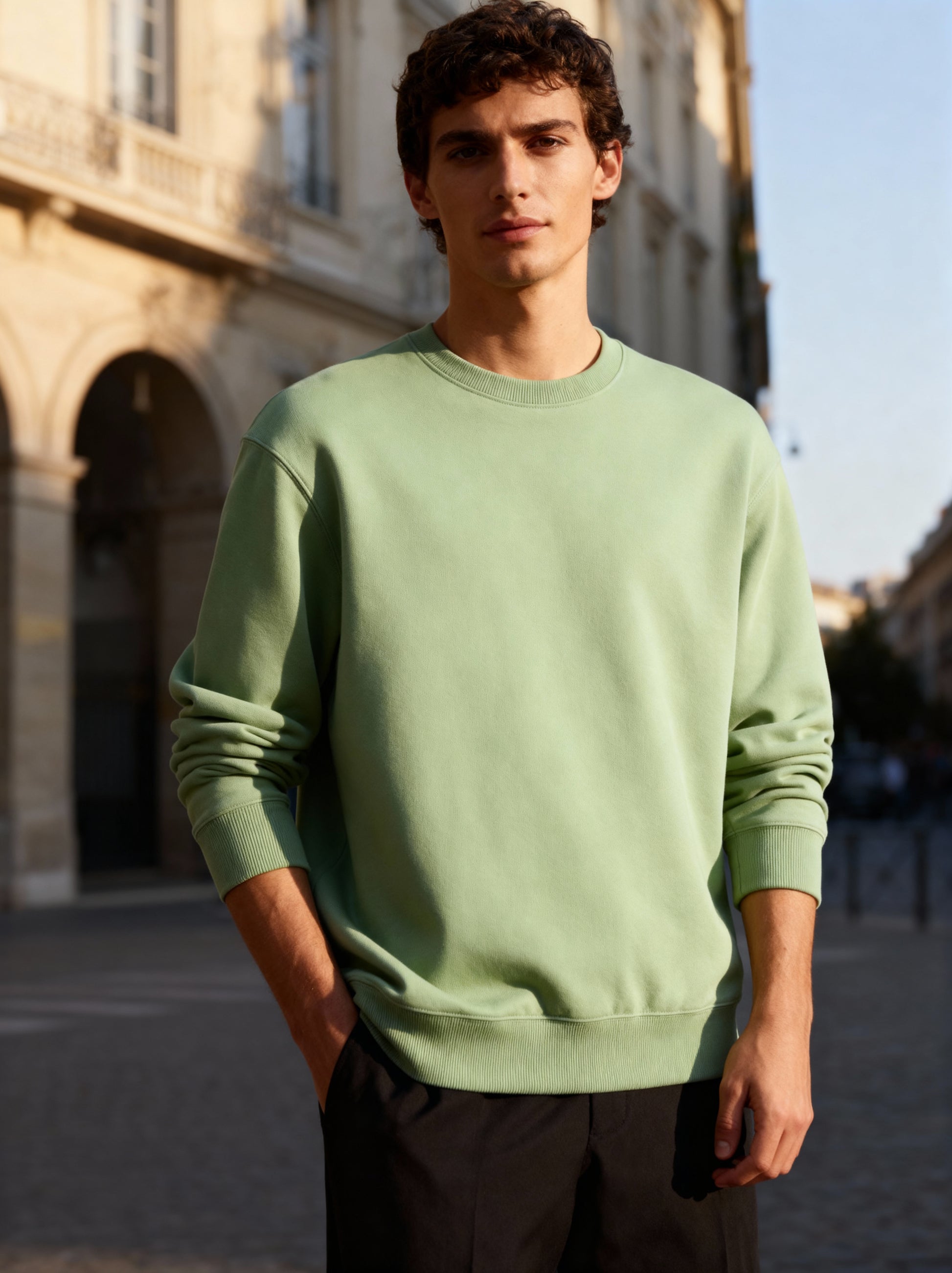 Man wearing a light green pista sweatshirt standing outdoors with a building in the background