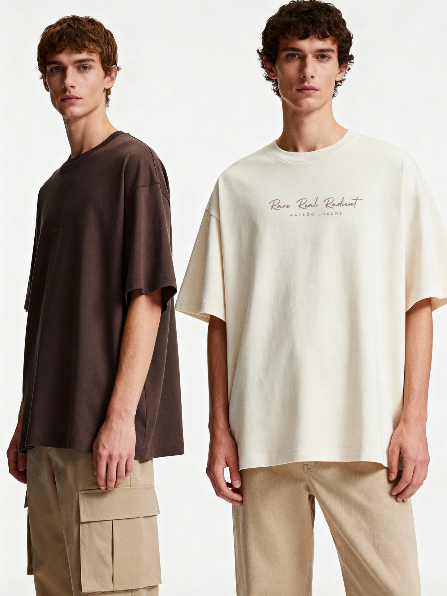 Two men wearing different t-shirts on a plain background aaploo luxury real rare radiant