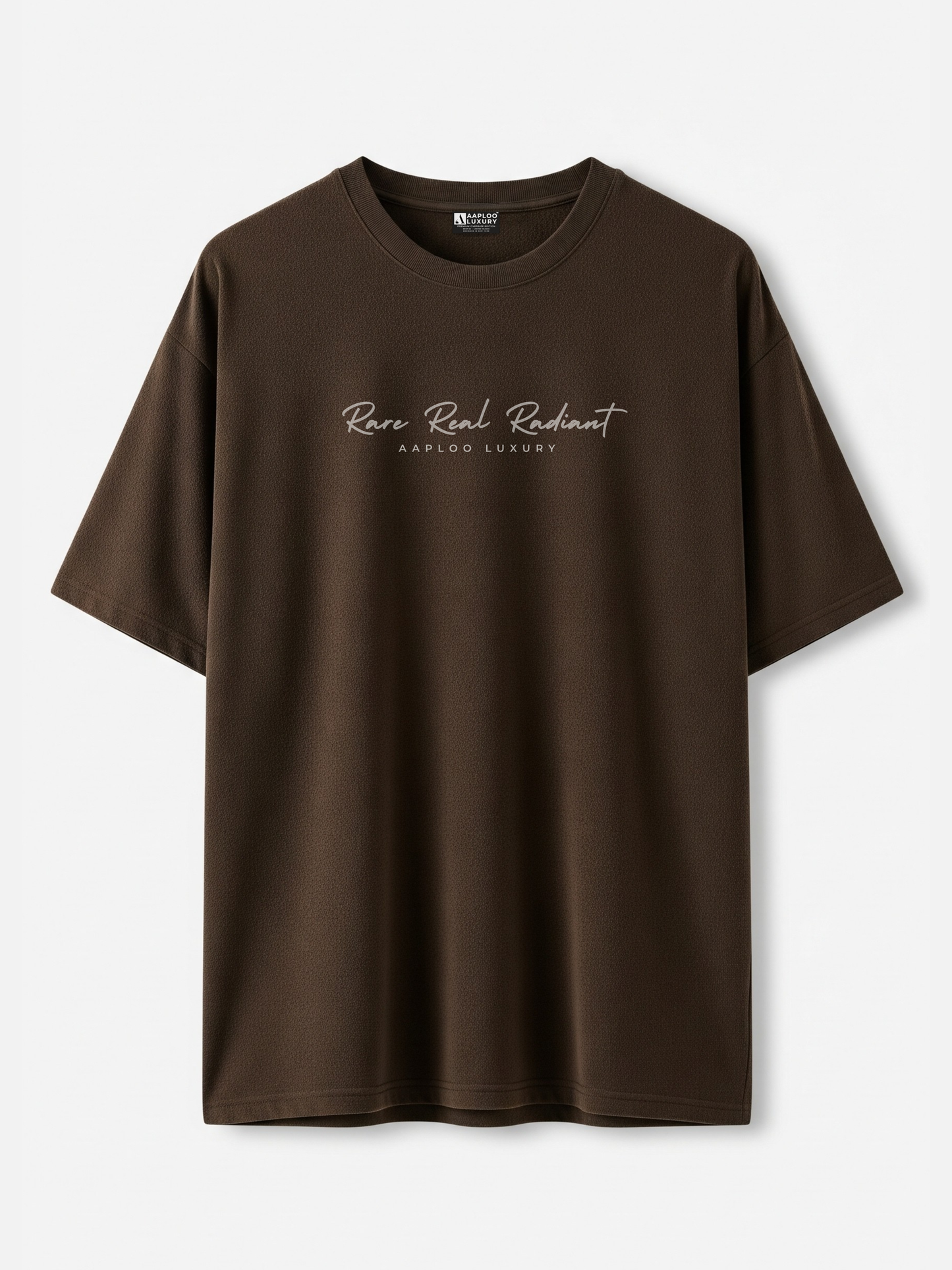 Brown t-shirt with rare real radiant text on a white background
