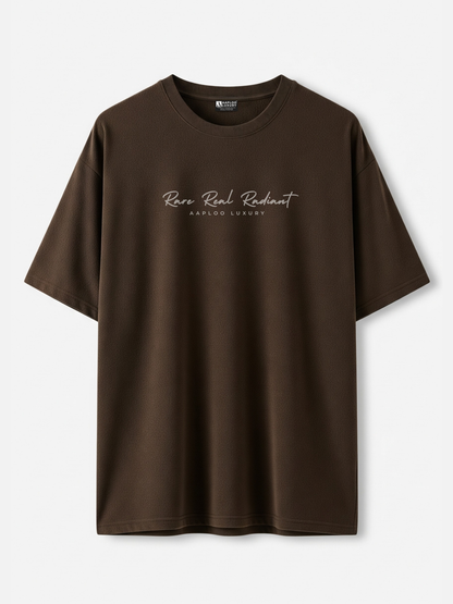 Brown t-shirt with rare real radiant text on a white background