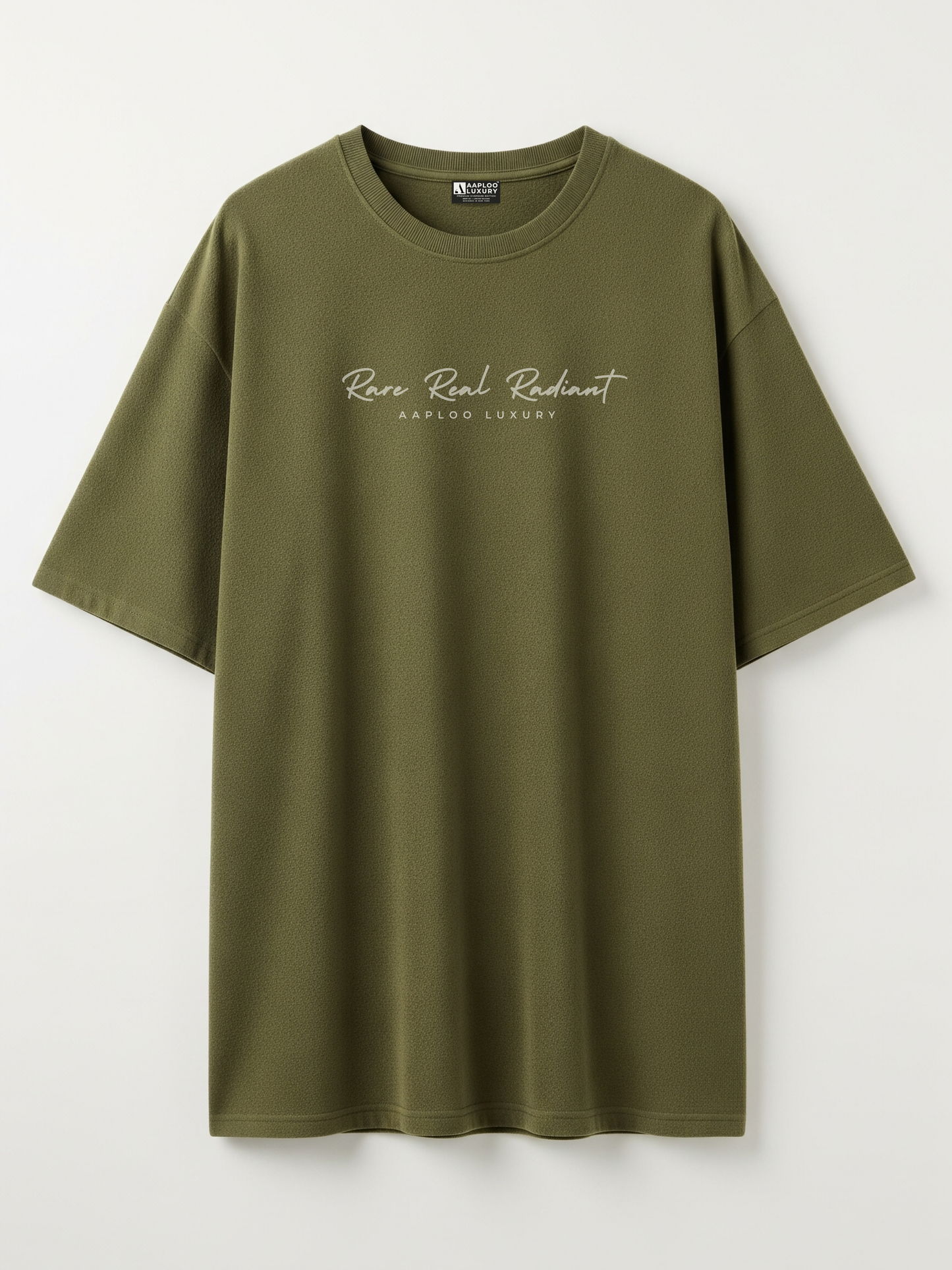 olive Green t-shirt with rare real radiant text on a white background