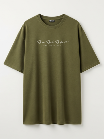 olive Green t-shirt with rare real radiant text on a white background
