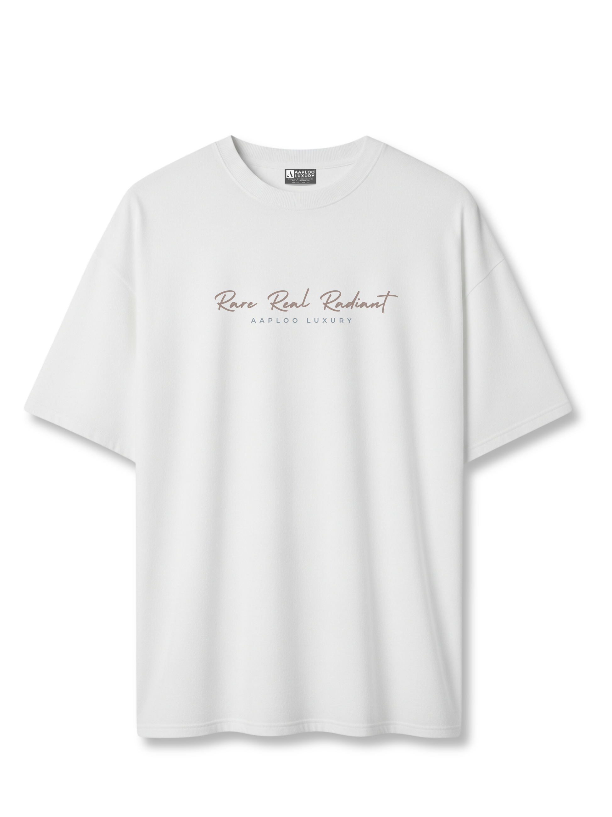 White t-shirt with rare real radiant text on a white background