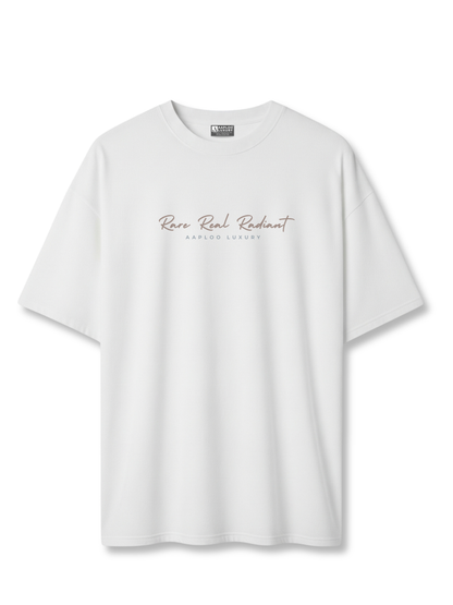 White t-shirt with rare real radiant text on a white background