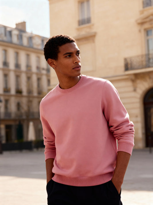 Man wearing a pink sweatshirt standing in an urban setting