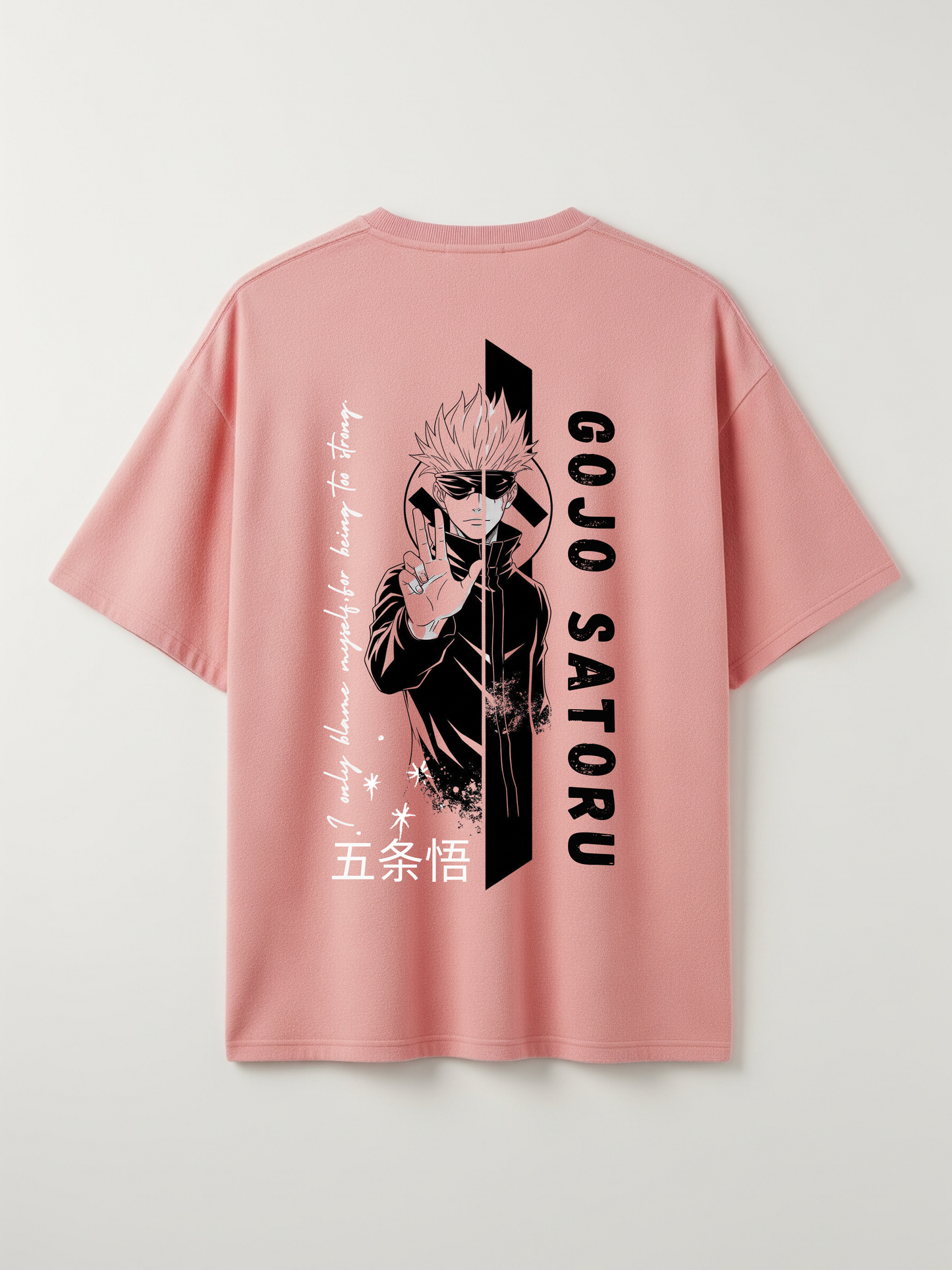Pink t-shirt with Gojo Satoru graphic and text on a white background