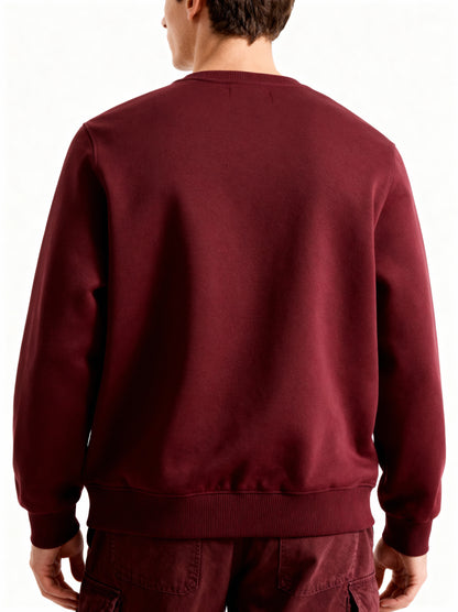 Maroon sweatshirt worn by a person on a white background