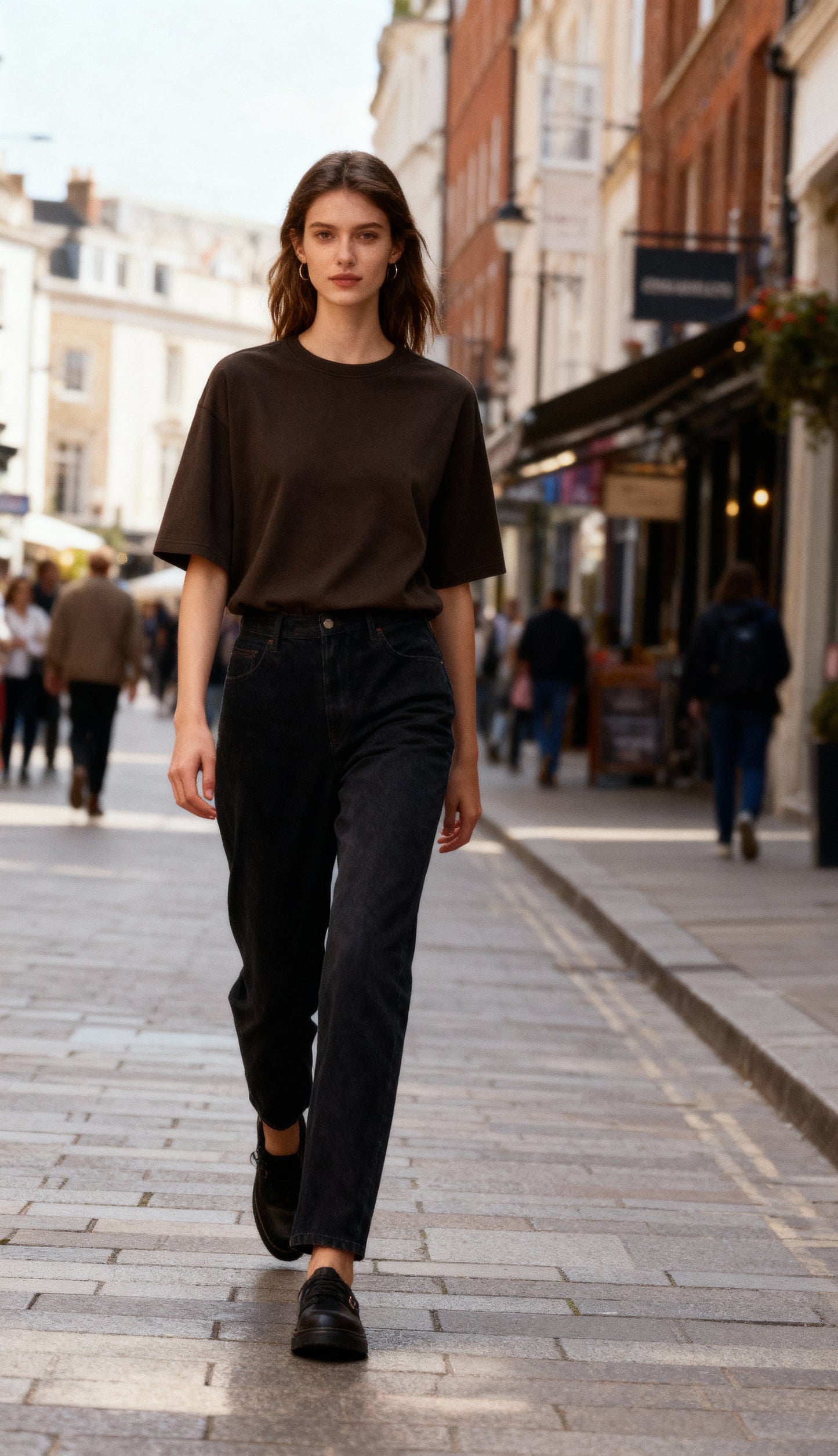 Woman walking on a city street wearing a brown top and black pants.