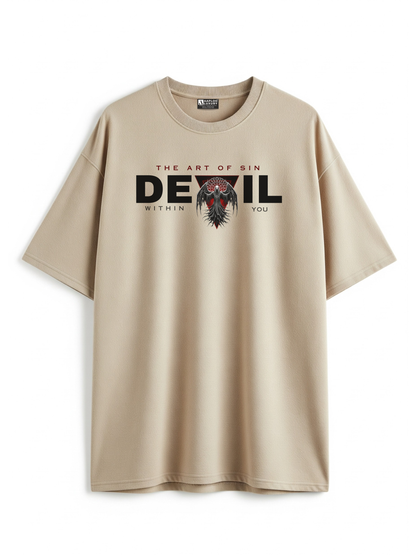 Beige t-shirt with graphic design and text on a white background