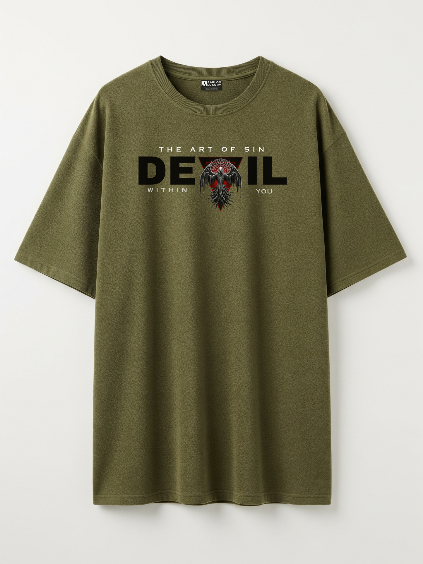 OLIVE Green t-shirt with graphic design and text on a white background