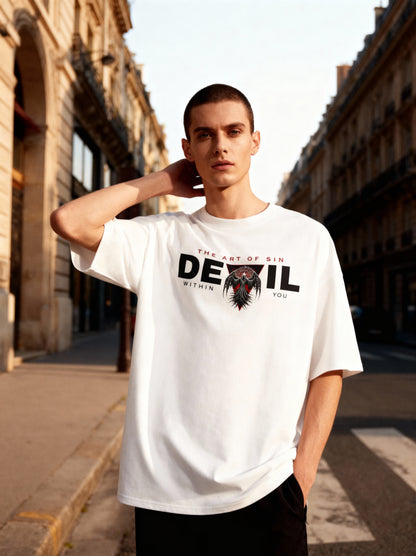 Man wearing a white t-shirt with a graphic design on a city street