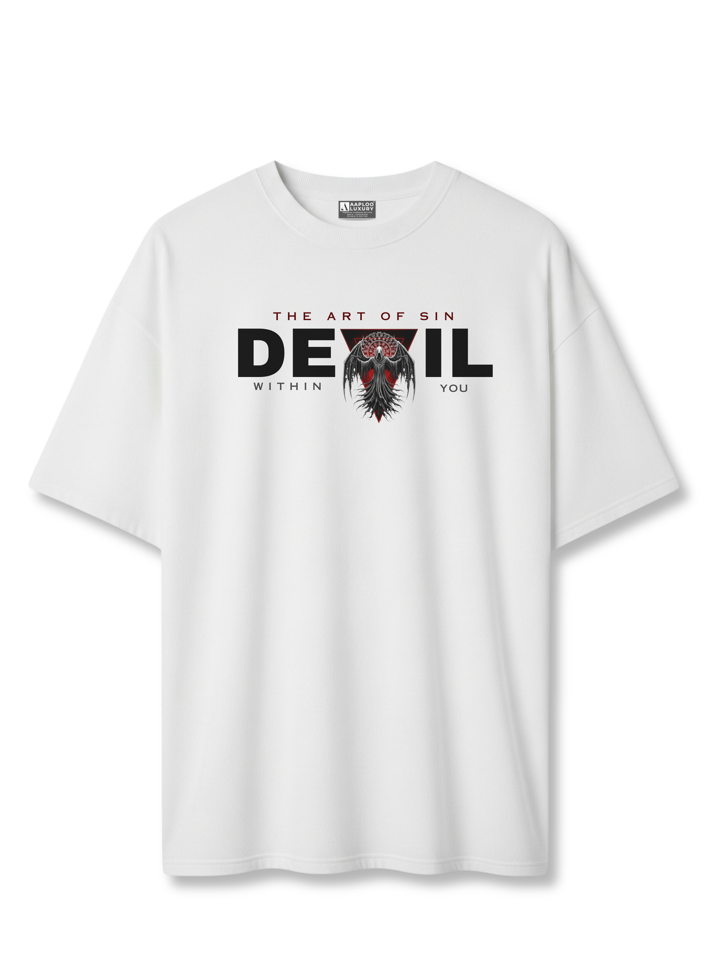 White t-shirt with graphic design and text on a white background