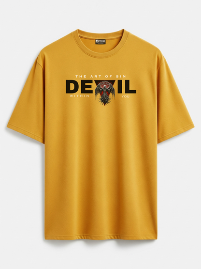 Yellow t-shirt with black text and graphic design on a white background